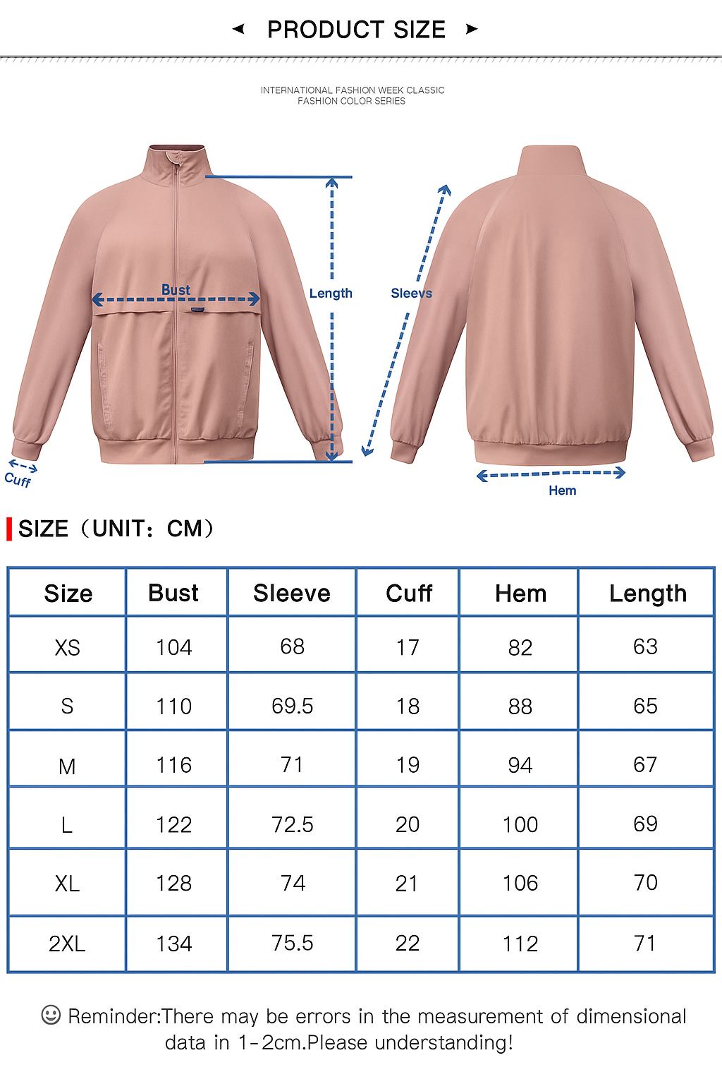 Size chart for OJANI Nova Performance Jacket