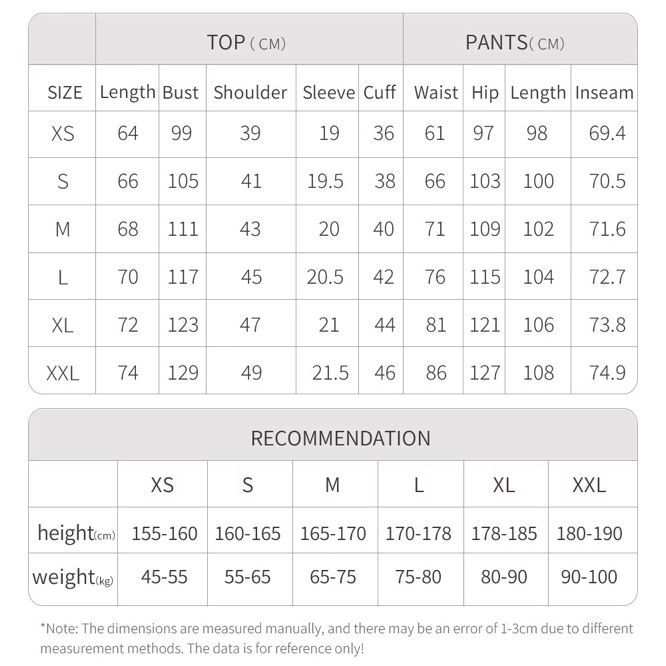 Size chart for OJANI Nova Student Series 2-piece set